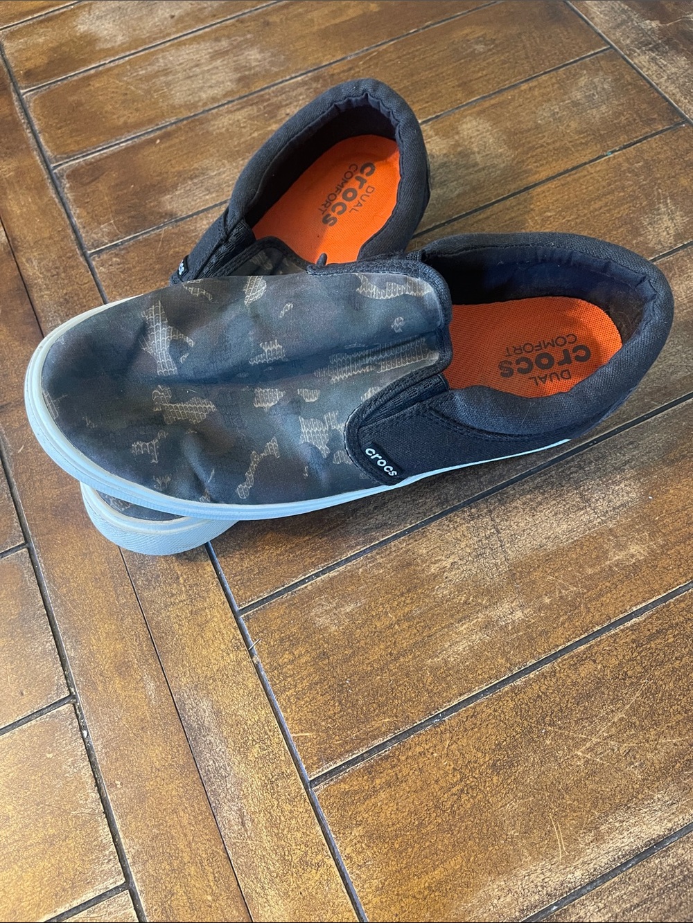 CROCS Men's Black Camo Slip-On Loafers with Orange Insole